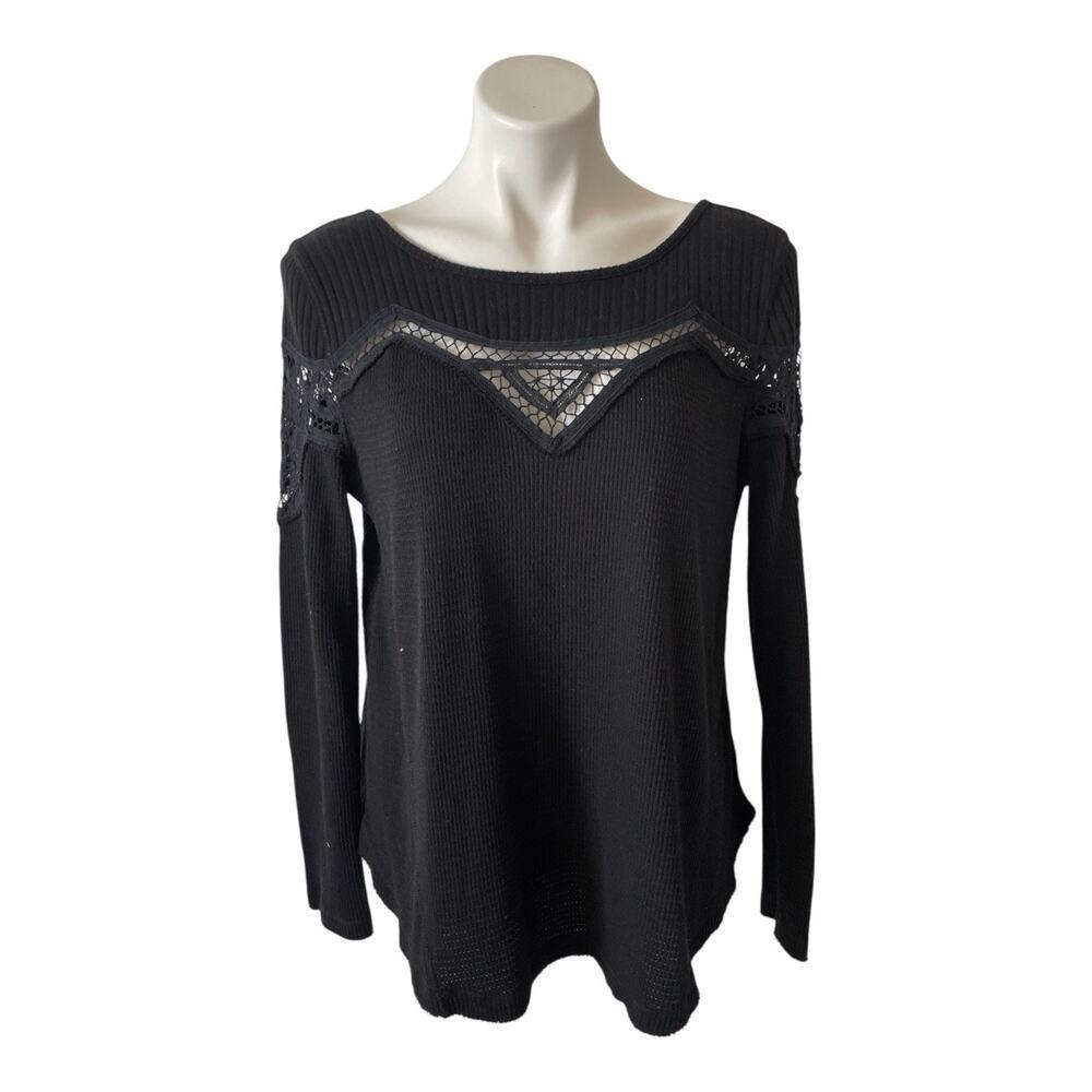 Free People Womens Thermal Top Waffle Knit Crochet Size S Black Boho Festival